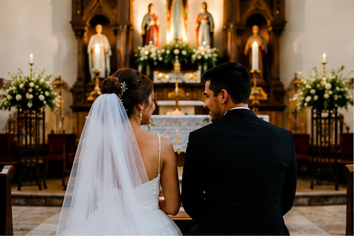 Los novios arrodillados ante el altar de la parroquia