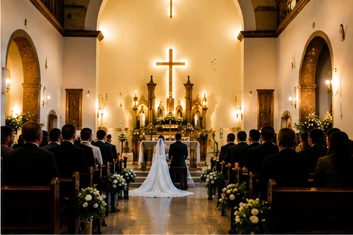 Ana Sofía y Emiliano frente al altar durante la ceremonia religiosa
