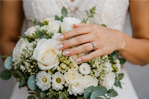 Ramo de rosas blancas y el anillo de compromiso de la novia