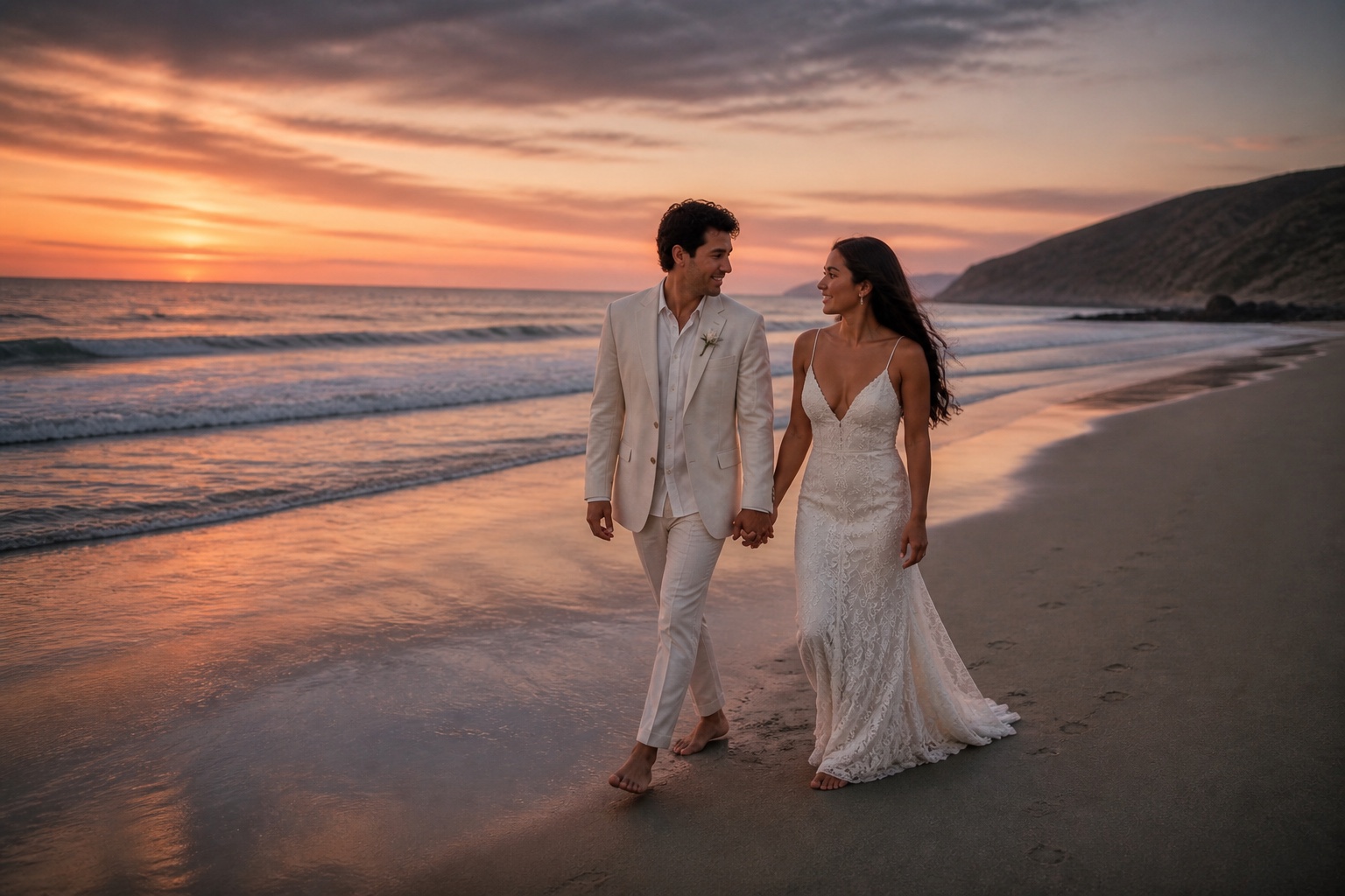 Ana y Diego caminando juntos por la playa al atardecer