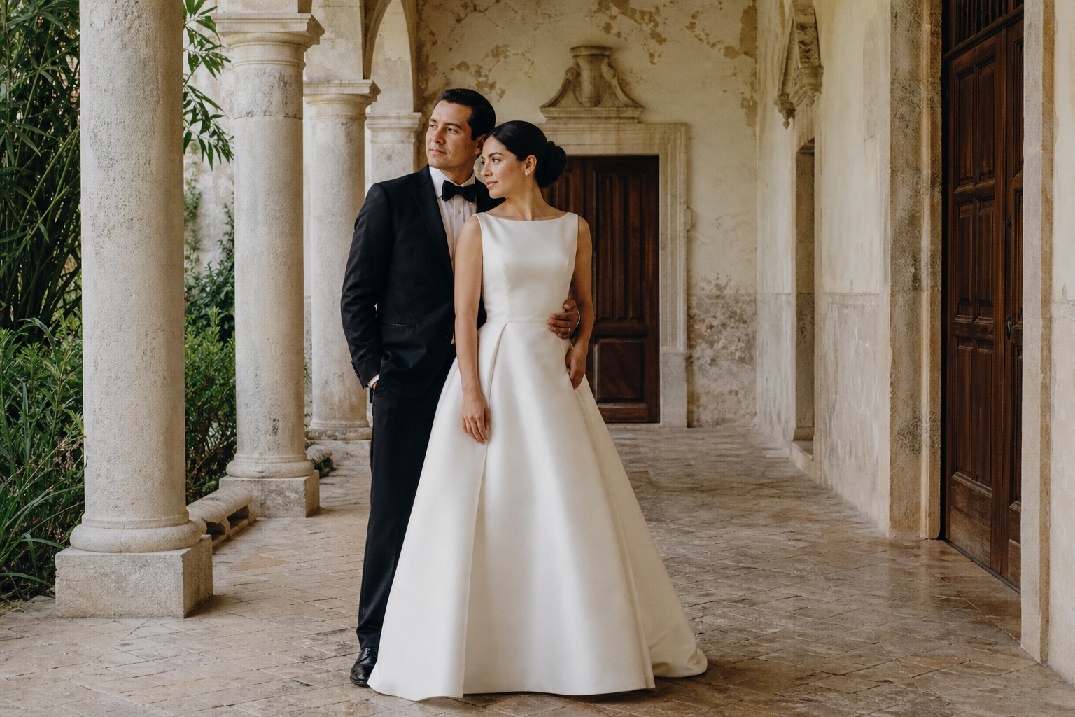 Valeria y Mateo retratados en los corredores de la hacienda